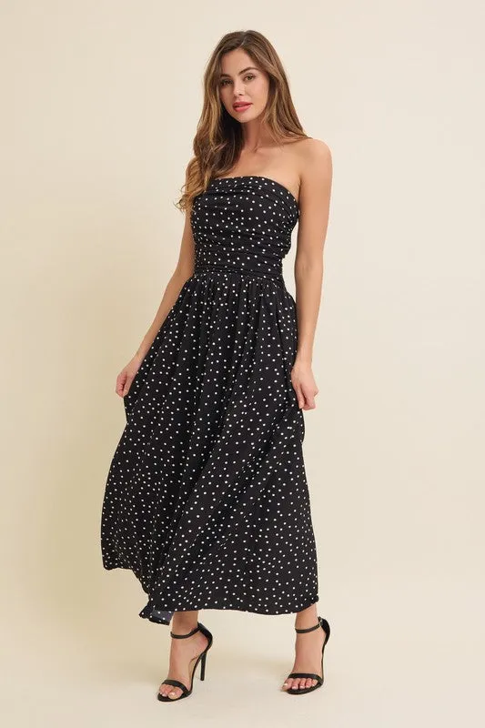 Darcy Sleeveless Ruched Polka Dot Print Maxi Dress Black