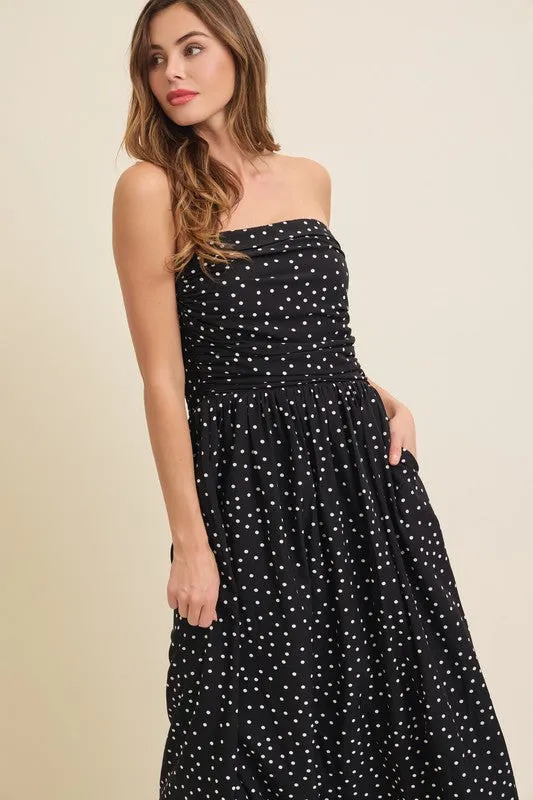 Darcy Sleeveless Ruched Polka Dot Print Maxi Dress Black