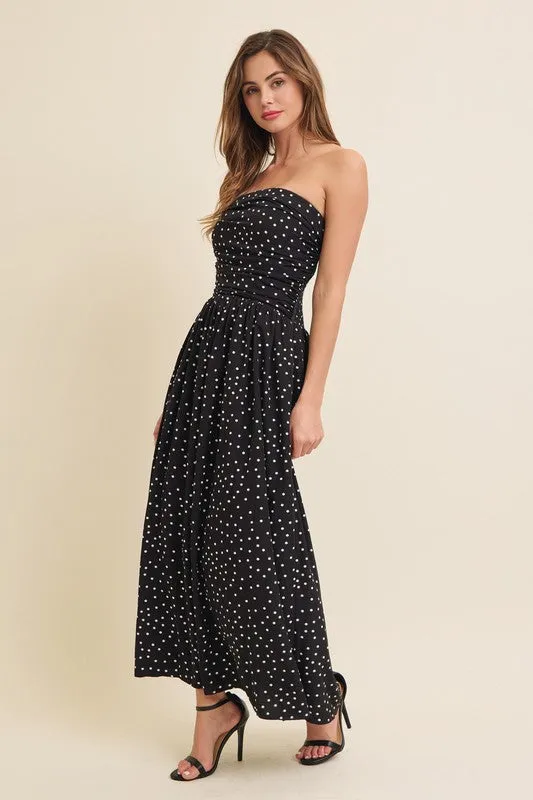 Darcy Sleeveless Ruched Polka Dot Print Maxi Dress Black