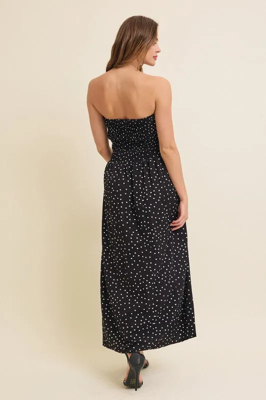 Darcy Sleeveless Ruched Polka Dot Print Maxi Dress Black