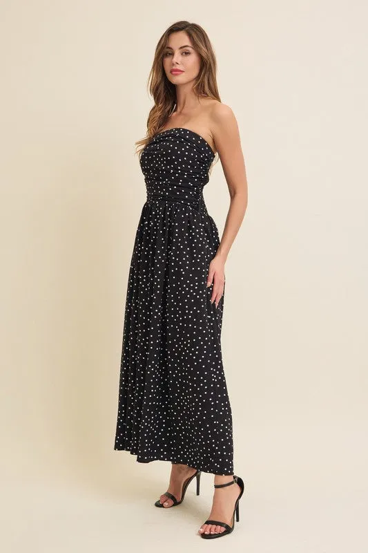 Darcy Sleeveless Ruched Polka Dot Print Maxi Dress Black