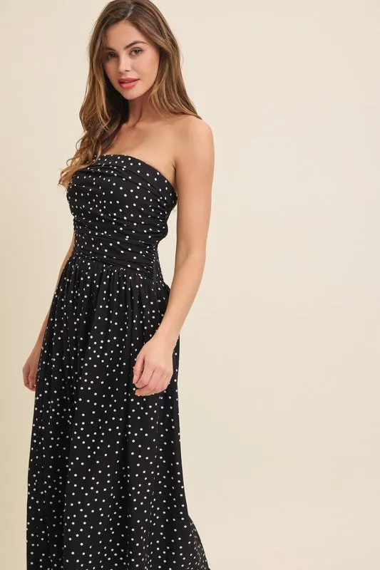 Darcy Sleeveless Ruched Polka Dot Print Maxi Dress Black