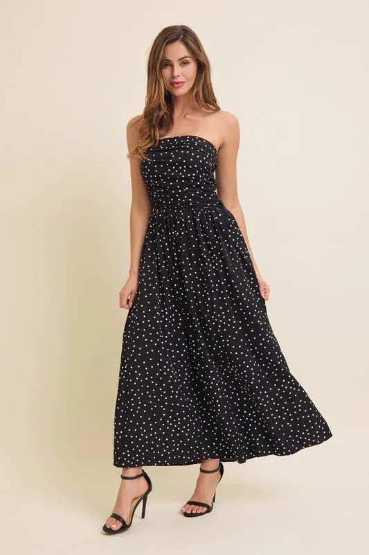 Darcy Sleeveless Ruched Polka Dot Print Maxi Dress Black