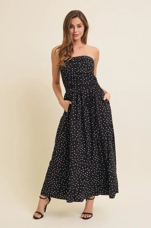 Darcy Sleeveless Ruched Polka Dot Print Maxi Dress Black