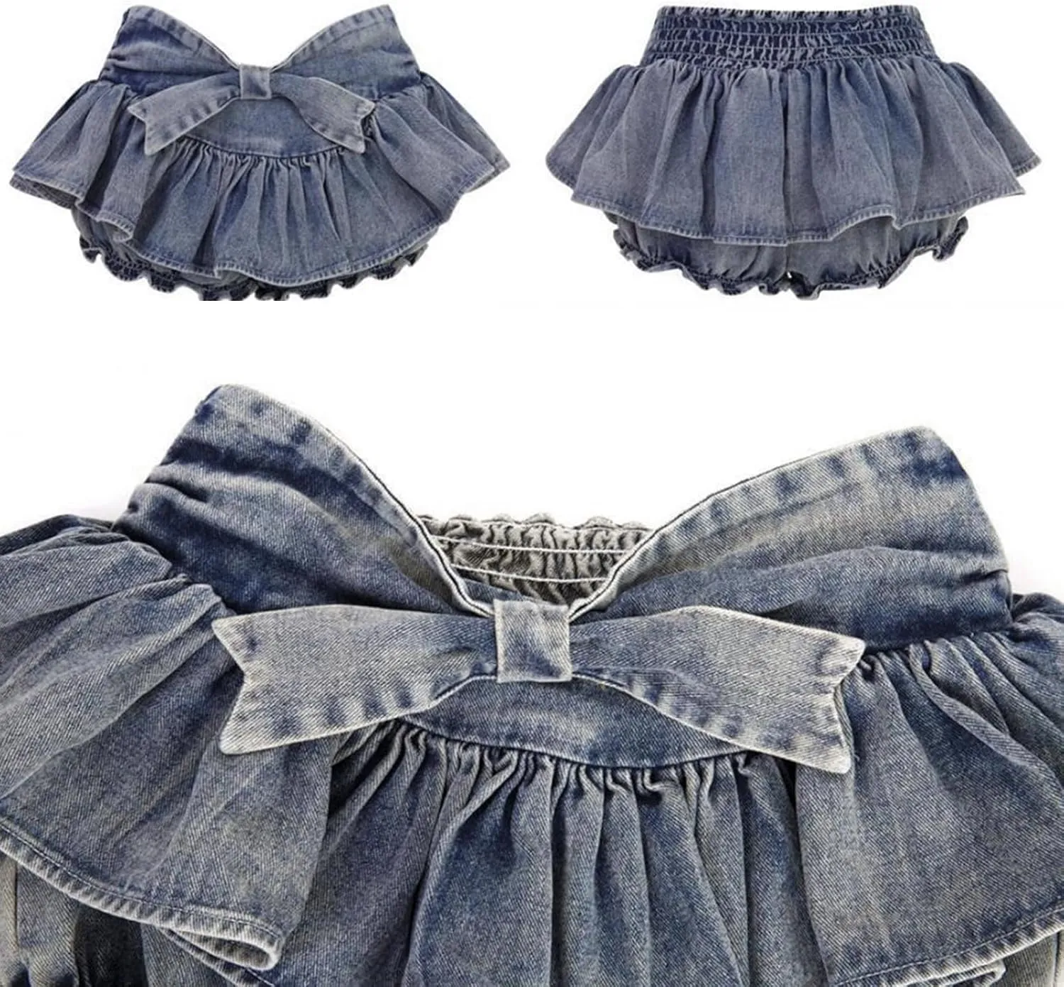 Denim Mini Skirt for Women Ruffled Pleated Short Skirt Bow Jean Skirt with Elastic Band Y2K Goth Cute Layered Skirt