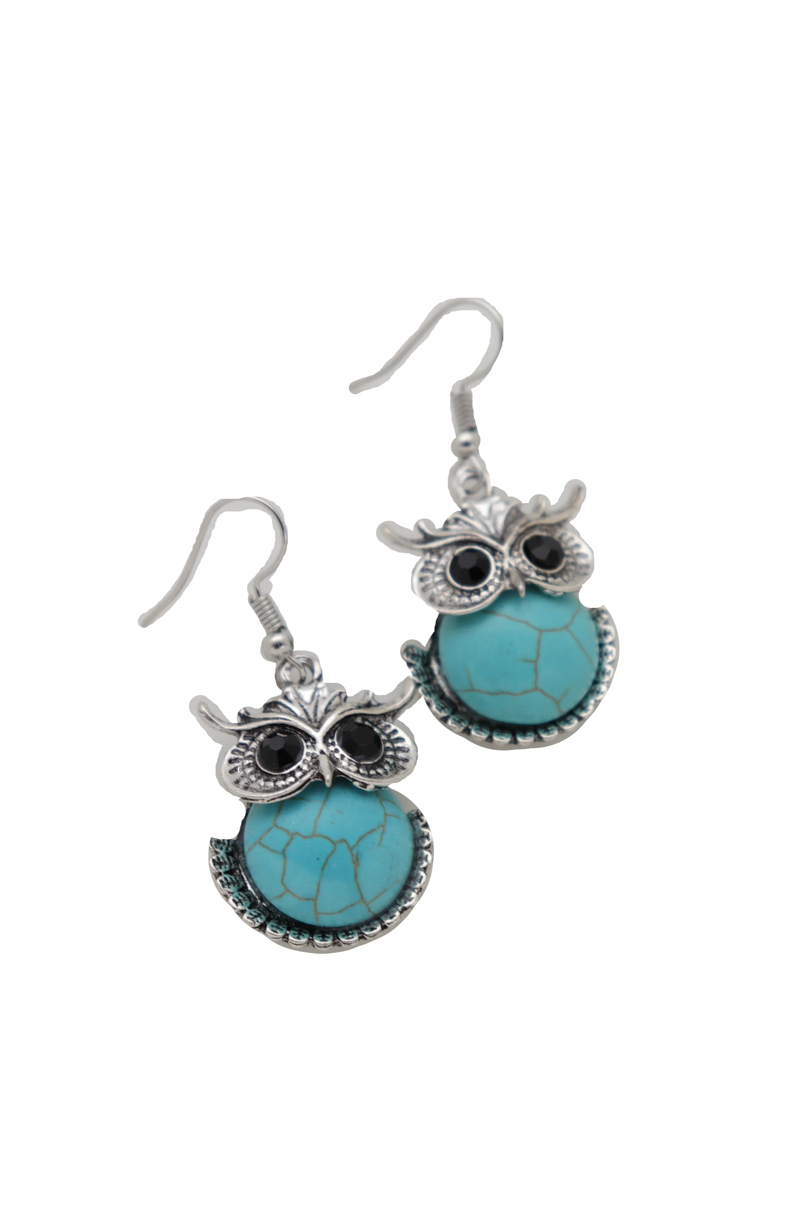 Earrings Set Silver Metal Owl Bird Western Jewelry Turquoise Blue Bead