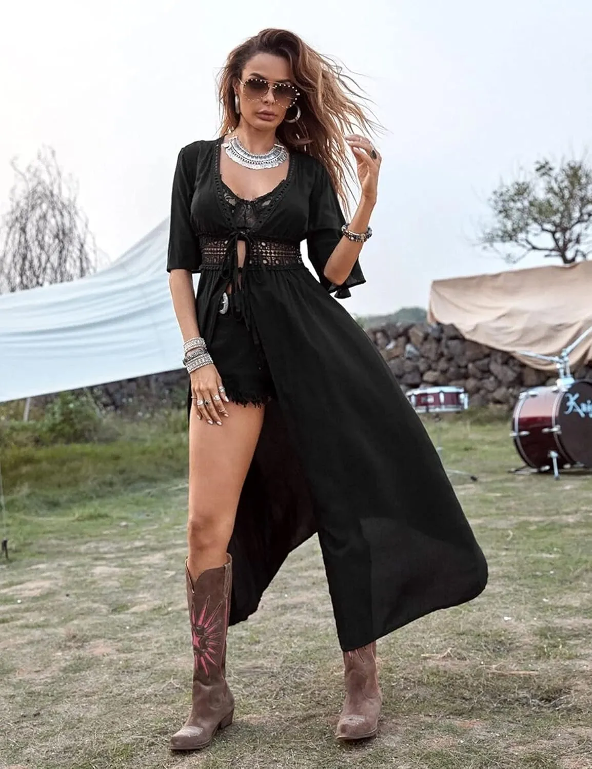 Ekouaer Women's Swimwear Cover Ups Sexy Open Front Beach Bikini Swimsuit Kimono Cardigan Cover Up Long Flowy Beachwear