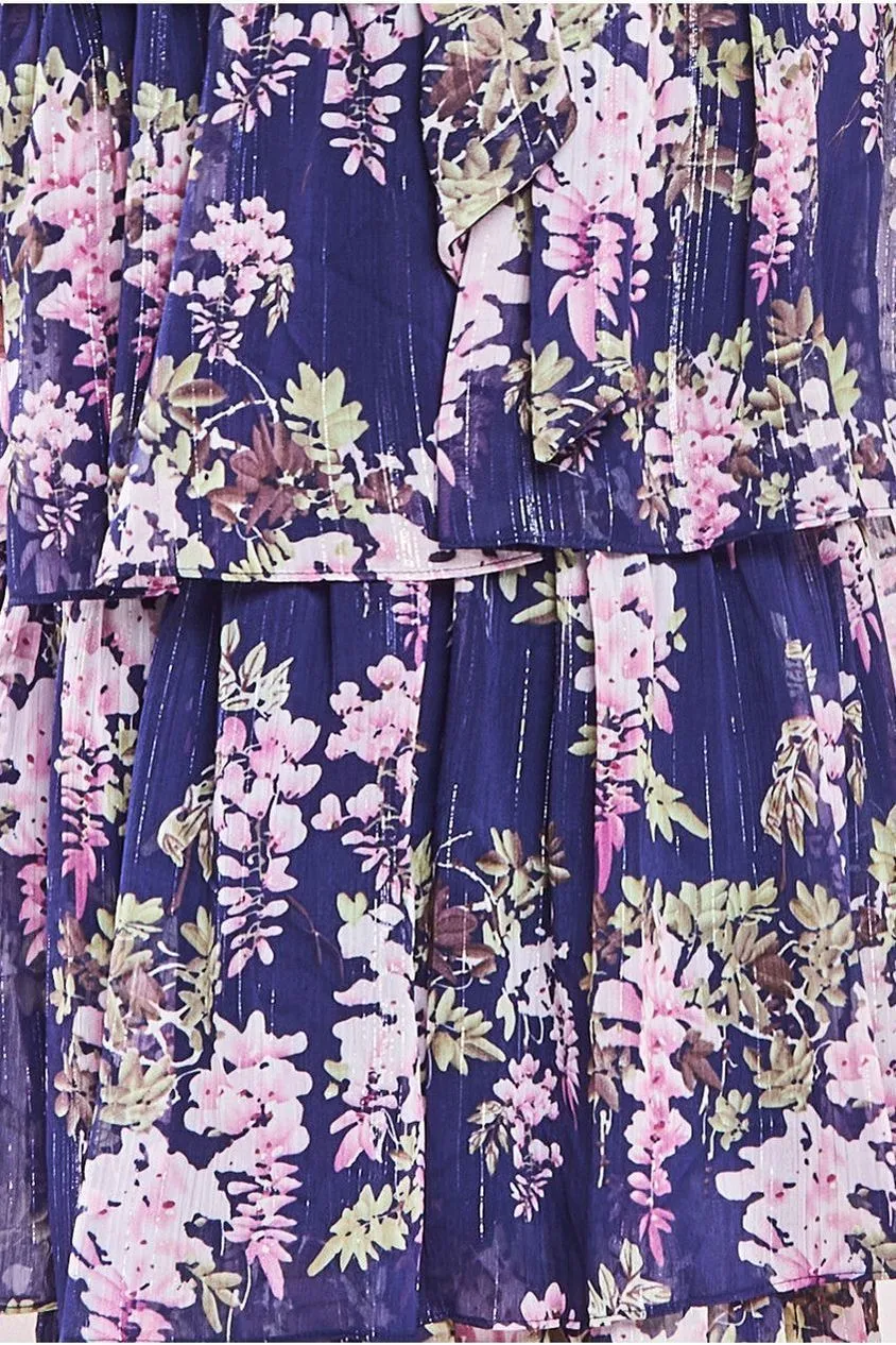 Goddiva Multilayered Chiffon Maxi Dress - Navy Floral