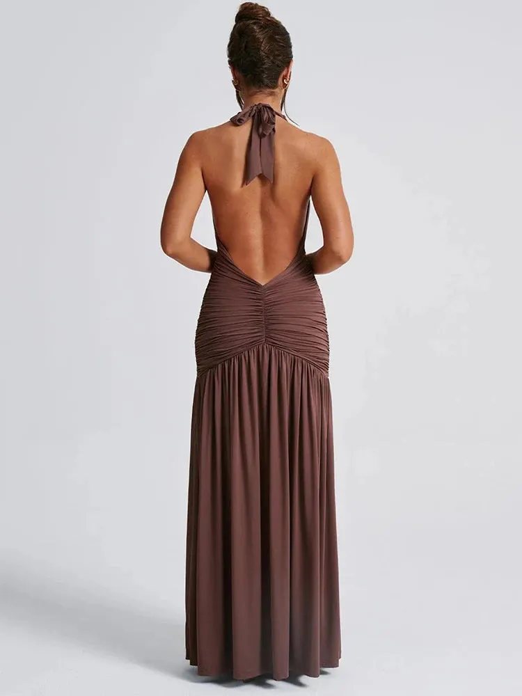 Halter Deep V Neck Backless Maxi Dress For Women Fashion Solid Sleeveless Thigh High Split Sexy Long Dress Elegant
