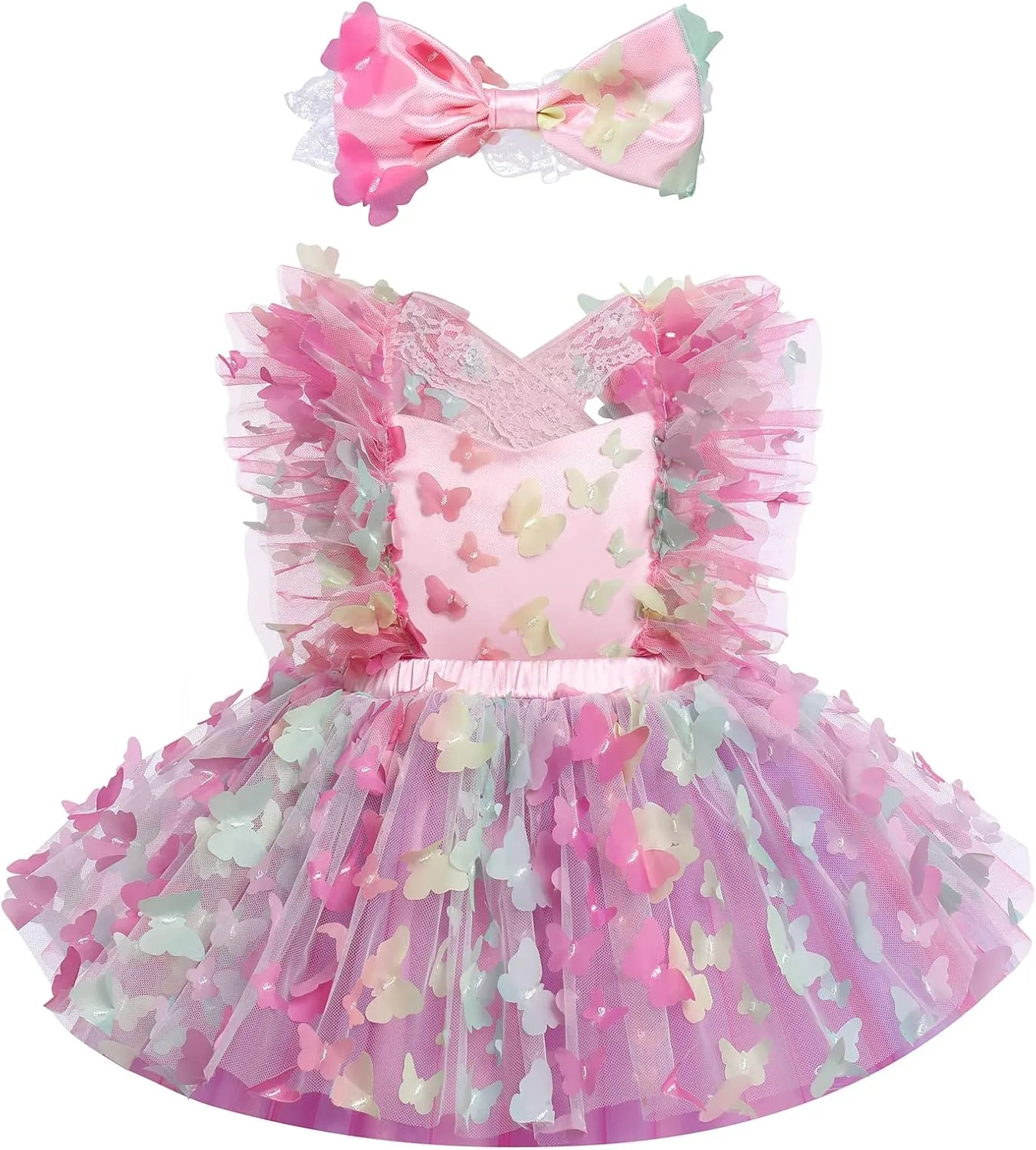 IDOPIP Baby Girls Butterfly Tutu Dress Summer Sleeveless Backless Lace Princess Birthday Party Dress with Headband Outfit