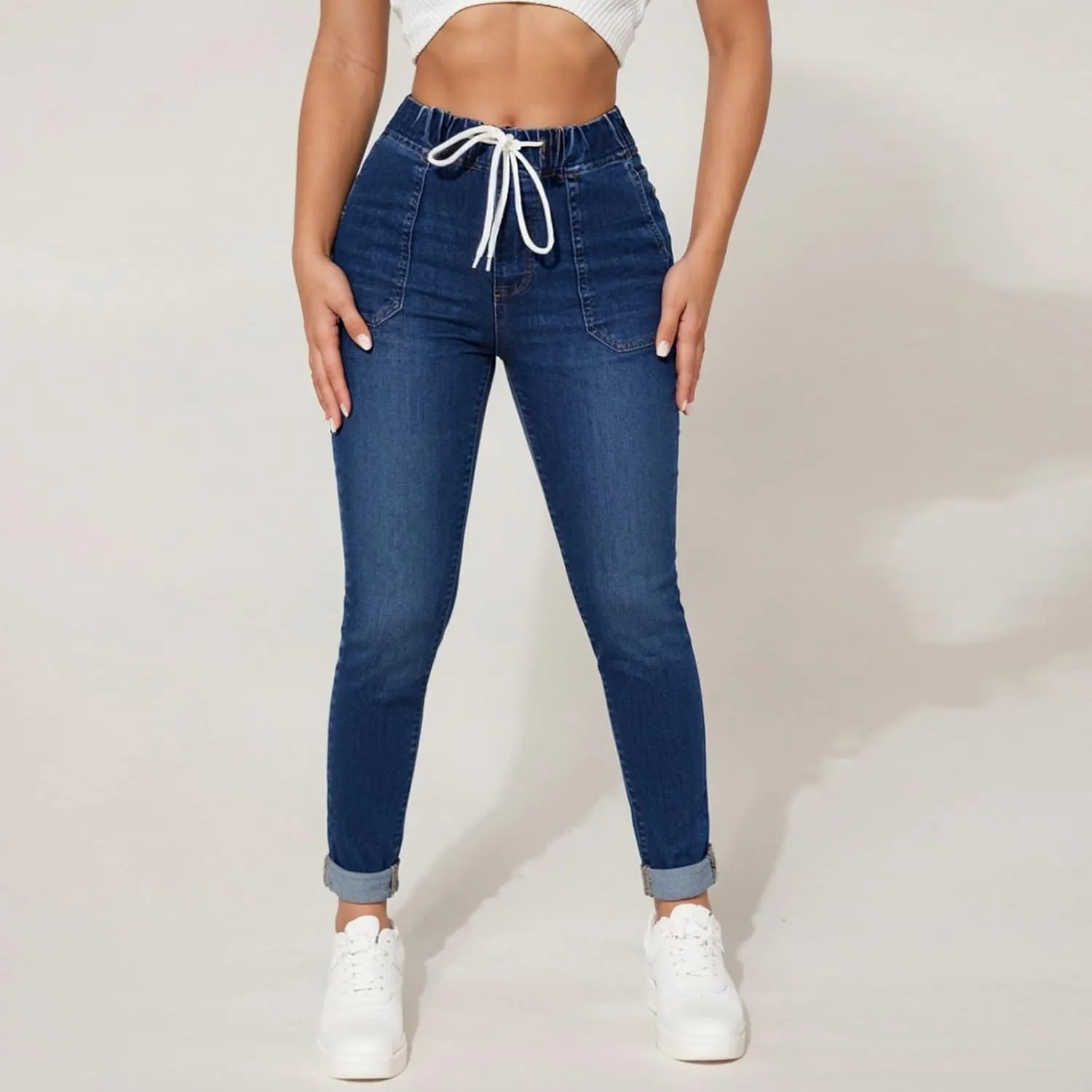 Jeggings for Women Mid Rise Skinny Jeans Drawstring Elastic Waist Pull on Jean Leggings Petite Ladies Denim Joggers