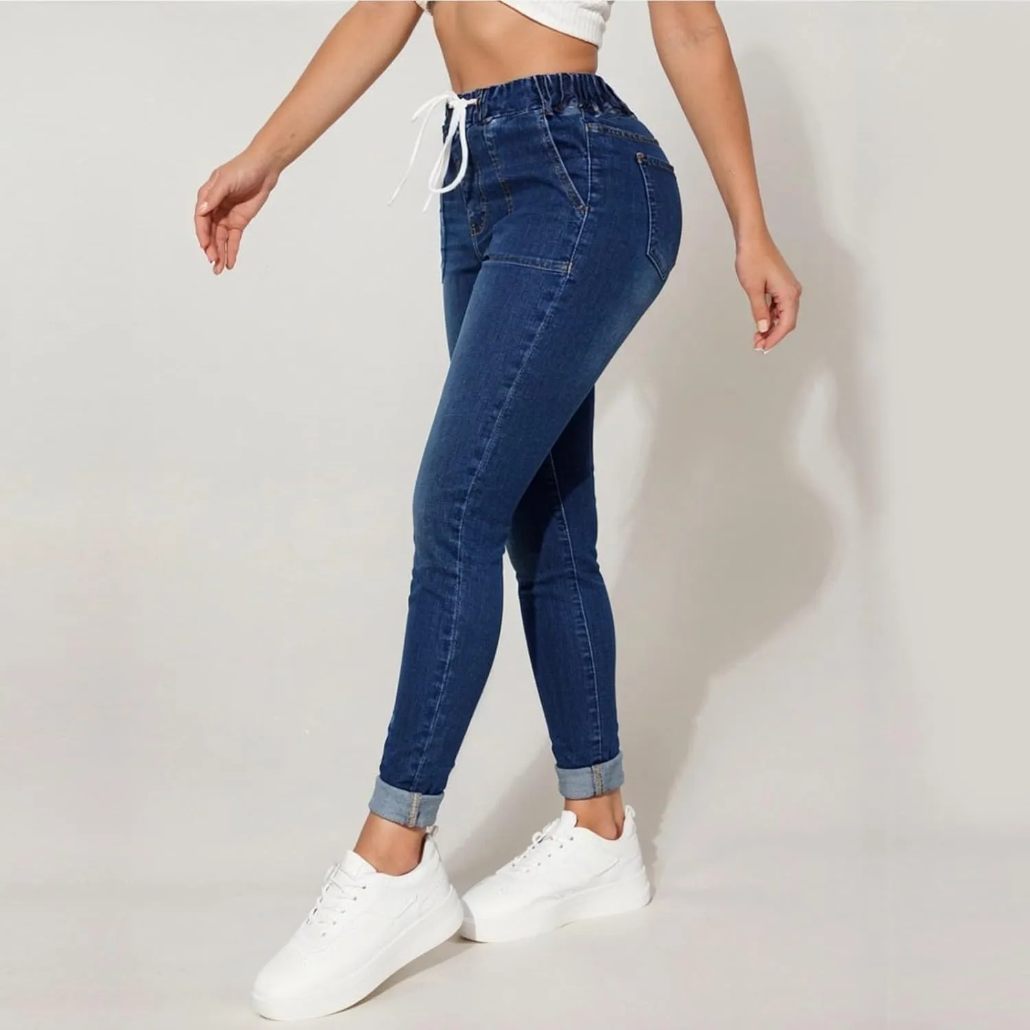 Jeggings for Women Mid Rise Skinny Jeans Drawstring Elastic Waist Pull on Jean Leggings Petite Ladies Denim Joggers