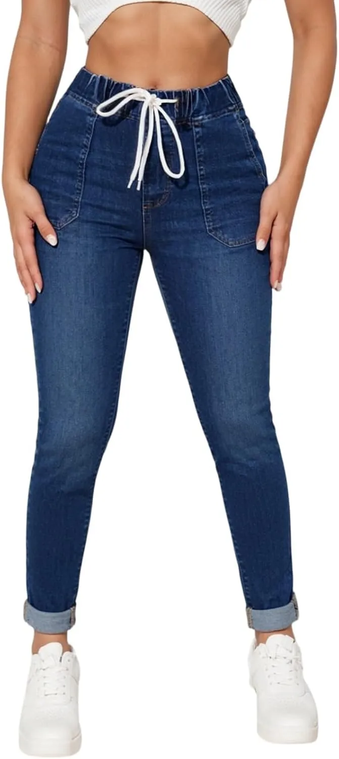 Jeggings for Women Mid Rise Skinny Jeans Drawstring Elastic Waist Pull on Jean Leggings Petite Ladies Denim Joggers