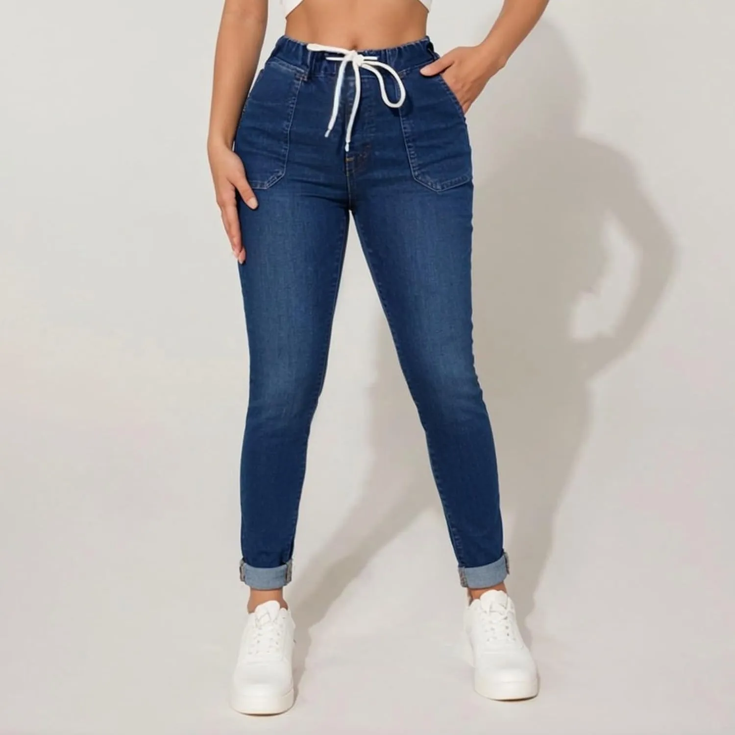Jeggings for Women Mid Rise Skinny Jeans Drawstring Elastic Waist Pull on Jean Leggings Petite Ladies Denim Joggers