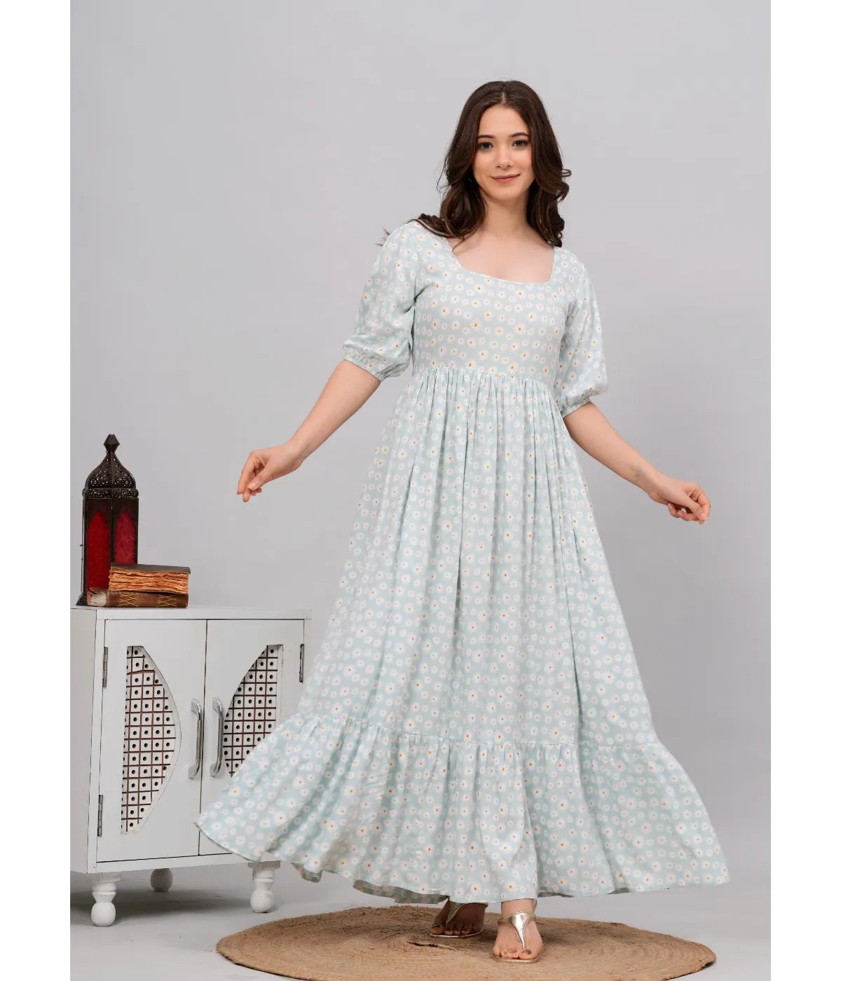Light Blue Floral Print Maxi dress