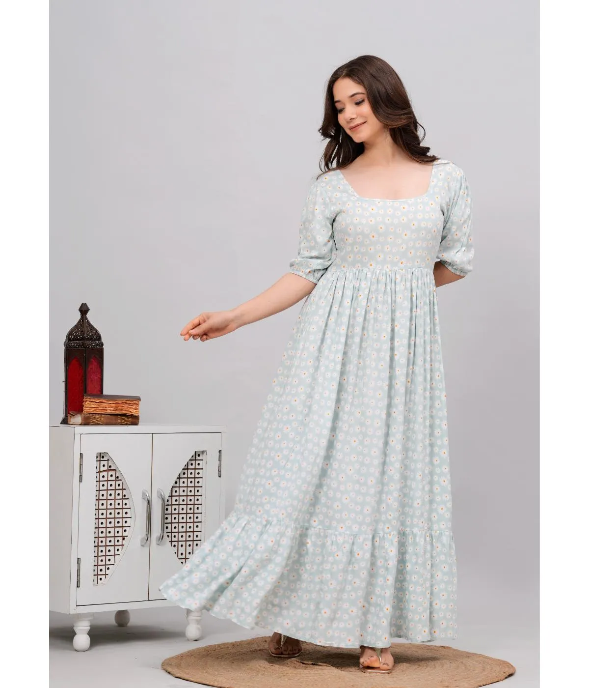 Light Blue Floral Print Maxi dress