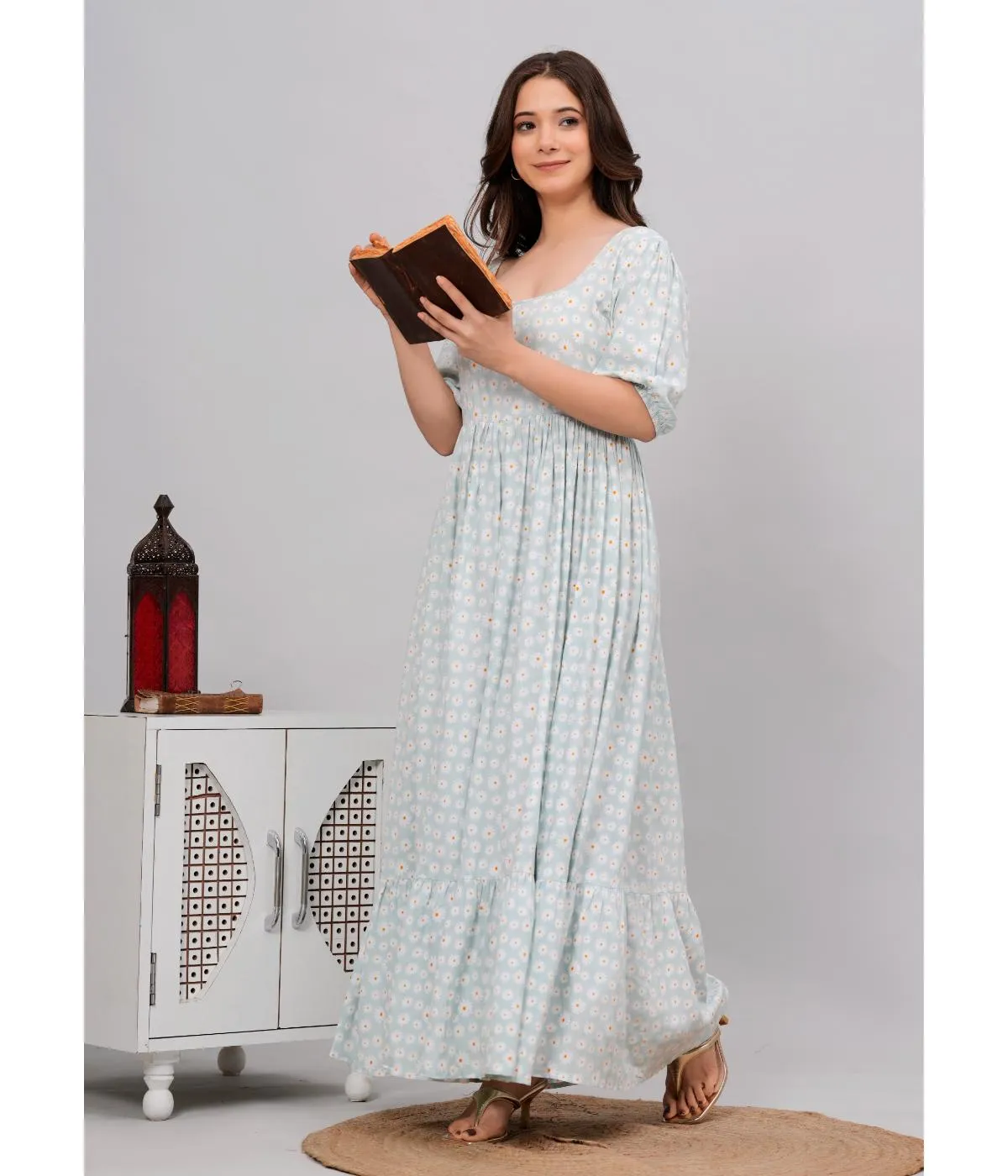 Light Blue Floral Print Maxi dress