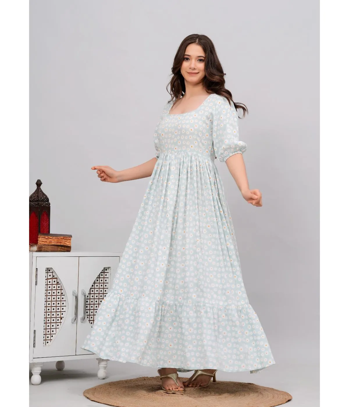 Light Blue Floral Print Maxi dress