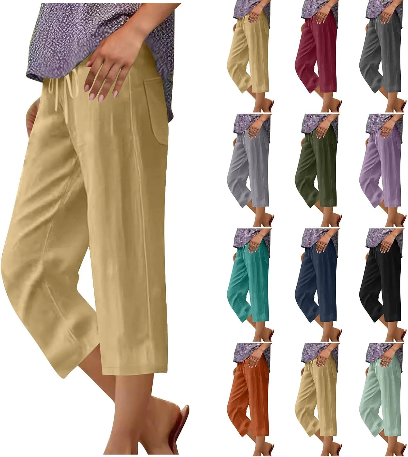 Linen Capri Pants for Women Drawstring Wide Leg Trousers Summer Comfy Casual Capris Beach Clothes with Back Pockets