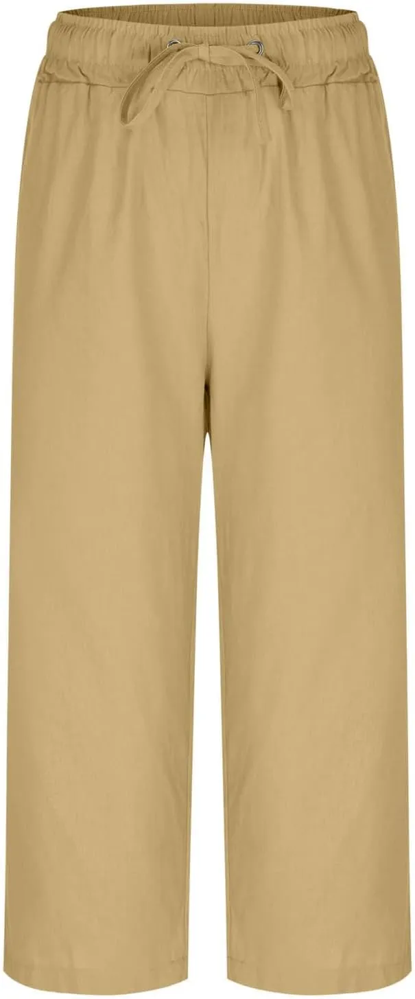 Linen Capri Pants for Women Drawstring Wide Leg Trousers Summer Comfy Casual Capris Beach Clothes with Back Pockets
