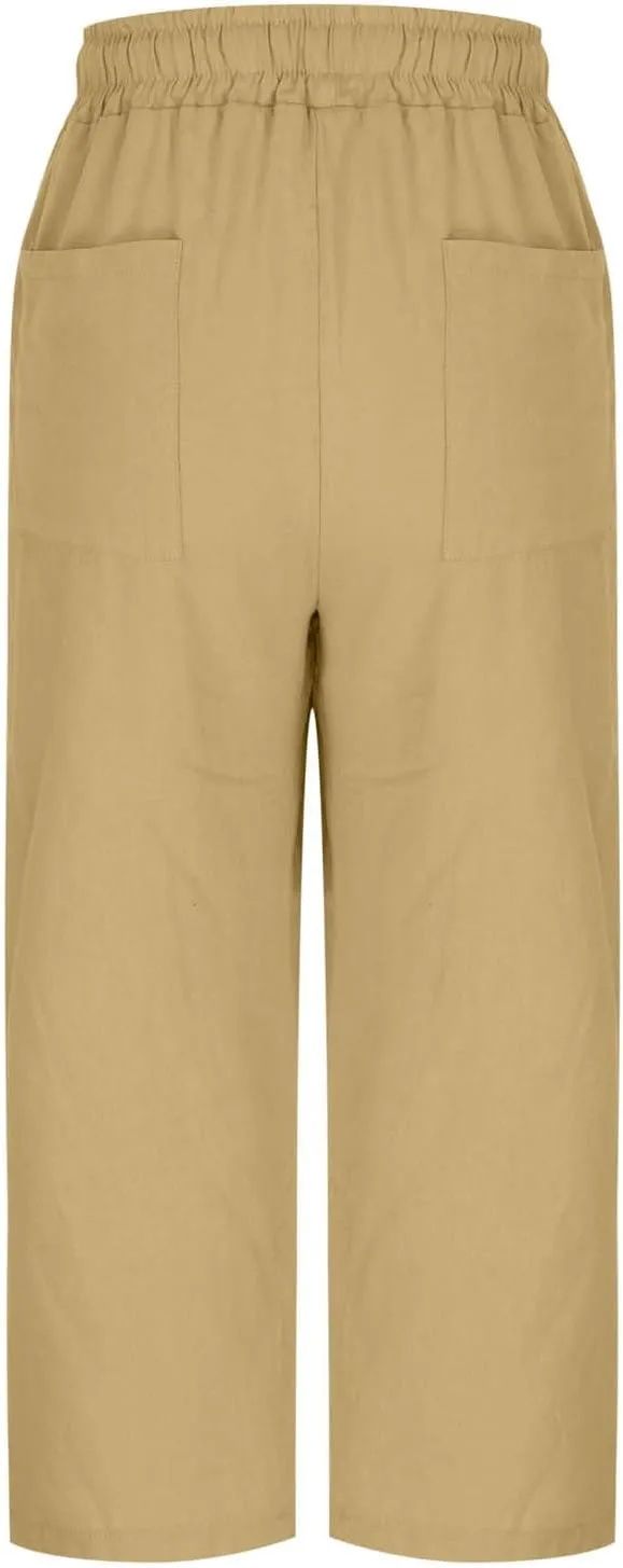 Linen Capri Pants for Women Drawstring Wide Leg Trousers Summer Comfy Casual Capris Beach Clothes with Back Pockets