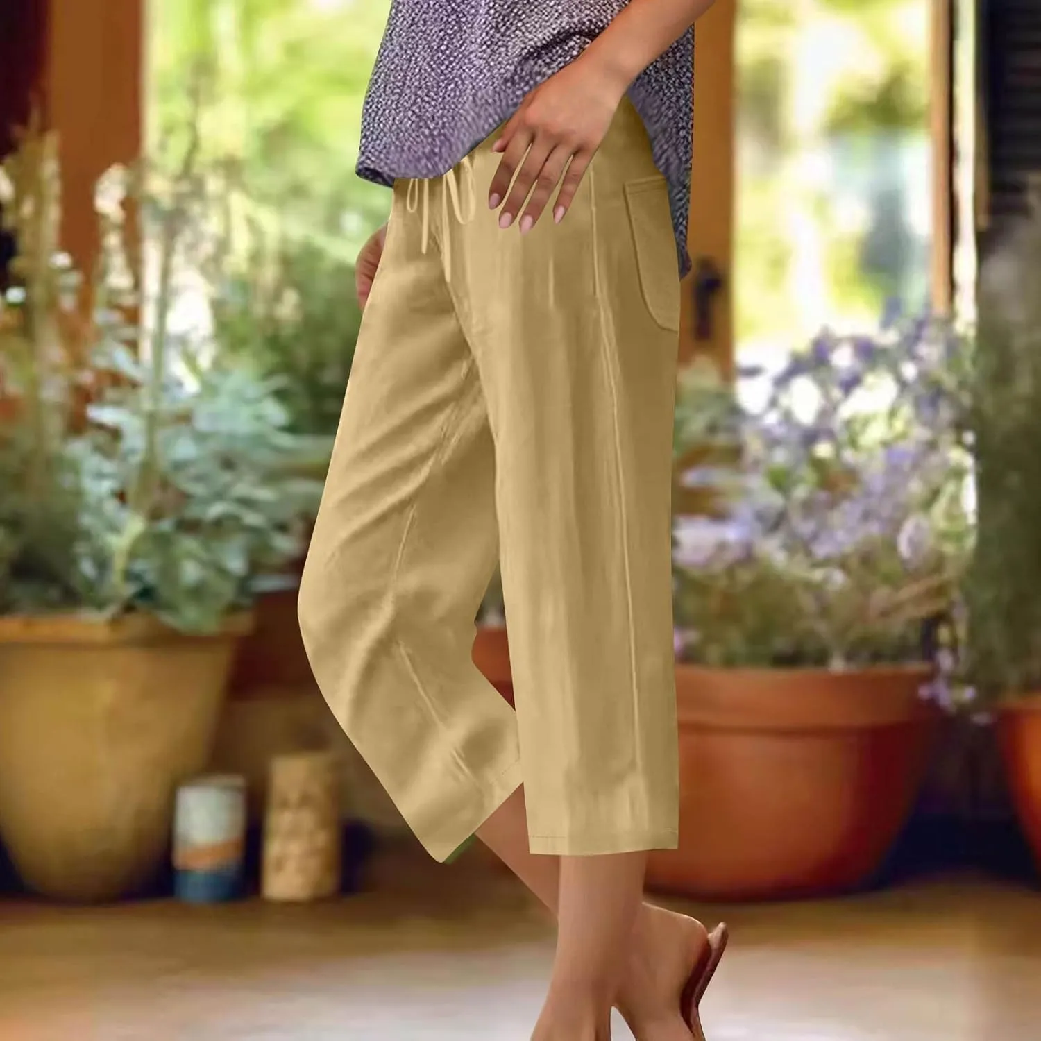 Linen Capri Pants for Women Drawstring Wide Leg Trousers Summer Comfy Casual Capris Beach Clothes with Back Pockets