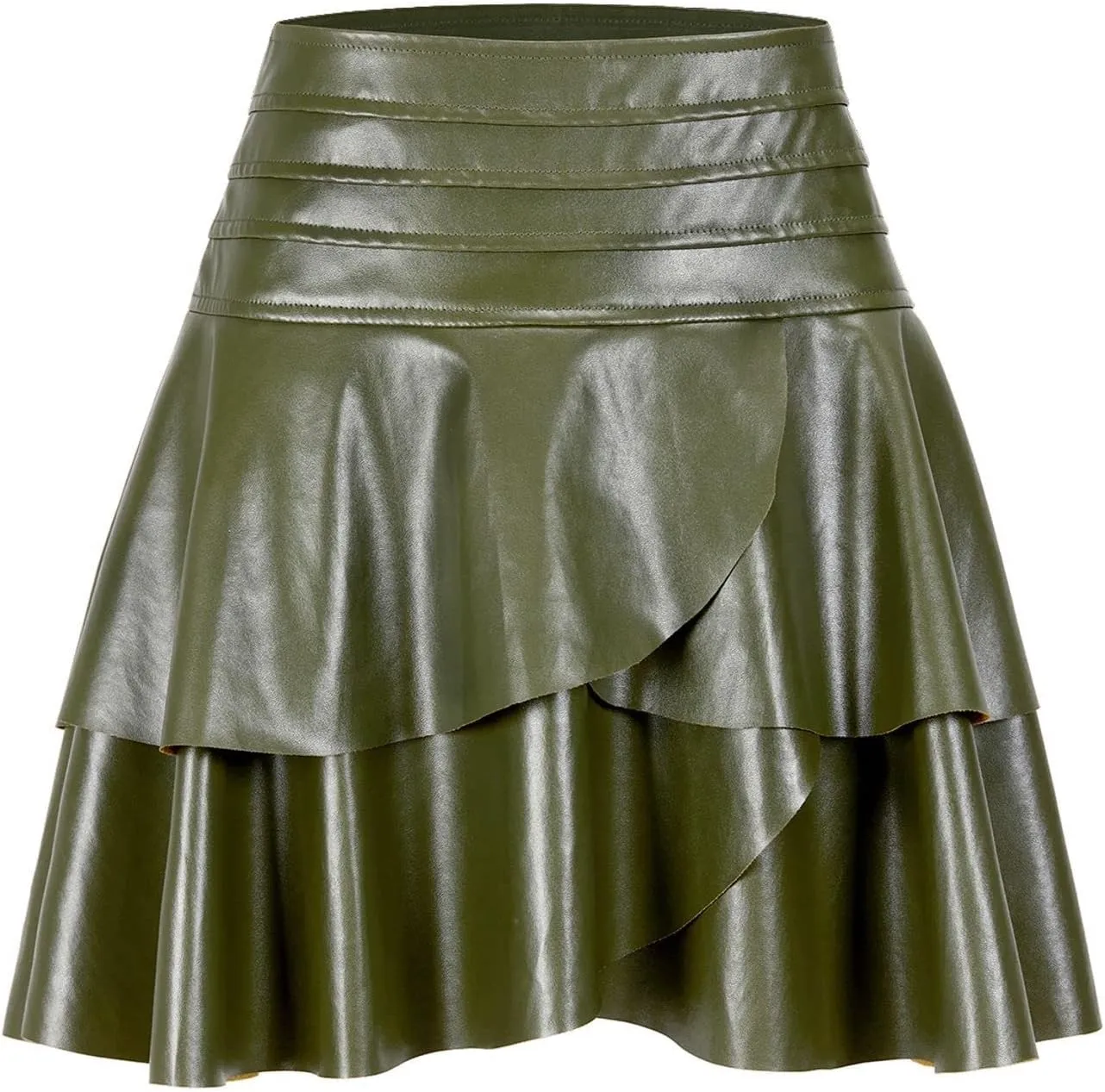 Lu's Chic Women's Faux Leather Skirt Mini PU Skirts Pleated High Wiated A Line Ruffle Casual Summer Party Fashion