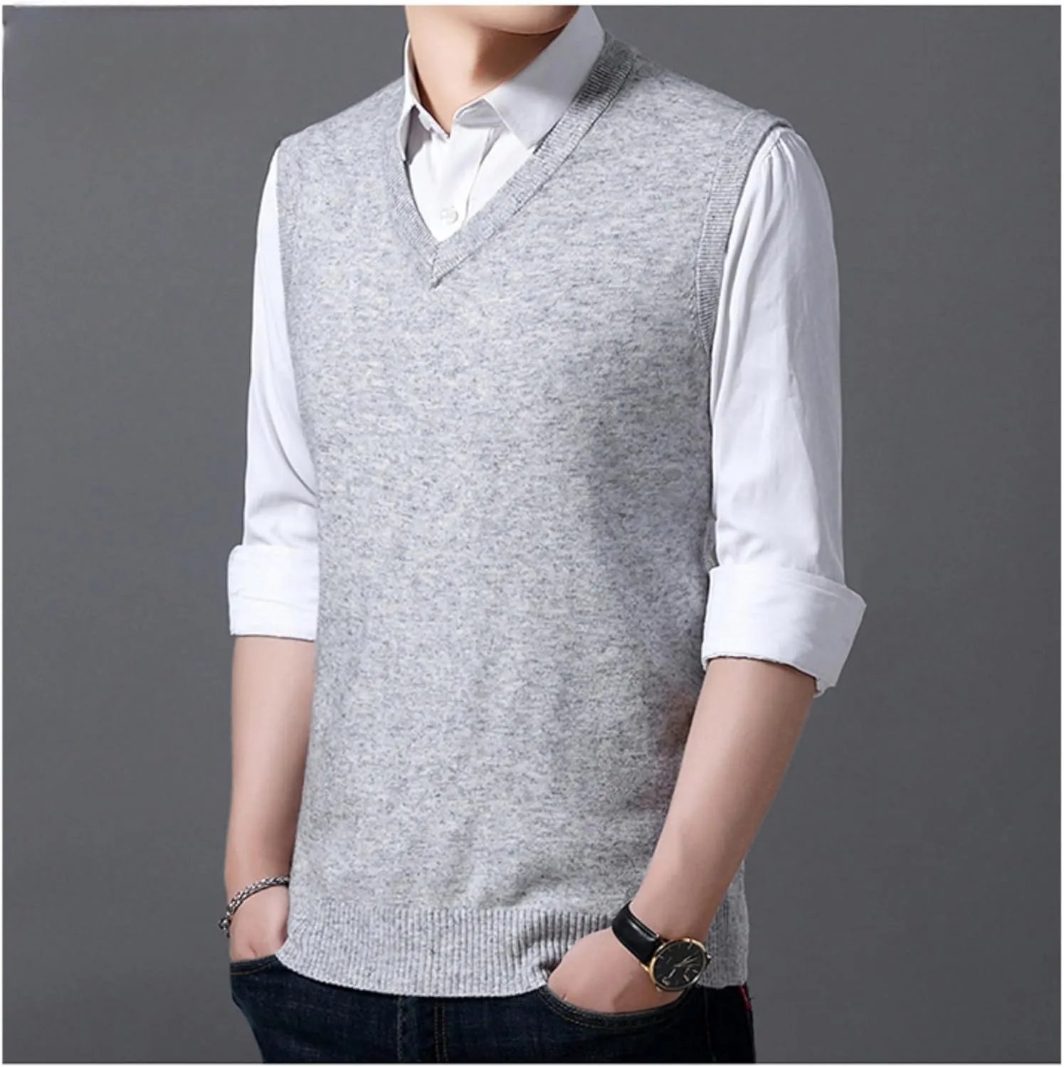 Maiyifu-GJ Men's V-Neck Solid Color Stretchy Sweater Warm Pullover Casual Vests Slim Sleeveless Business Knitwear