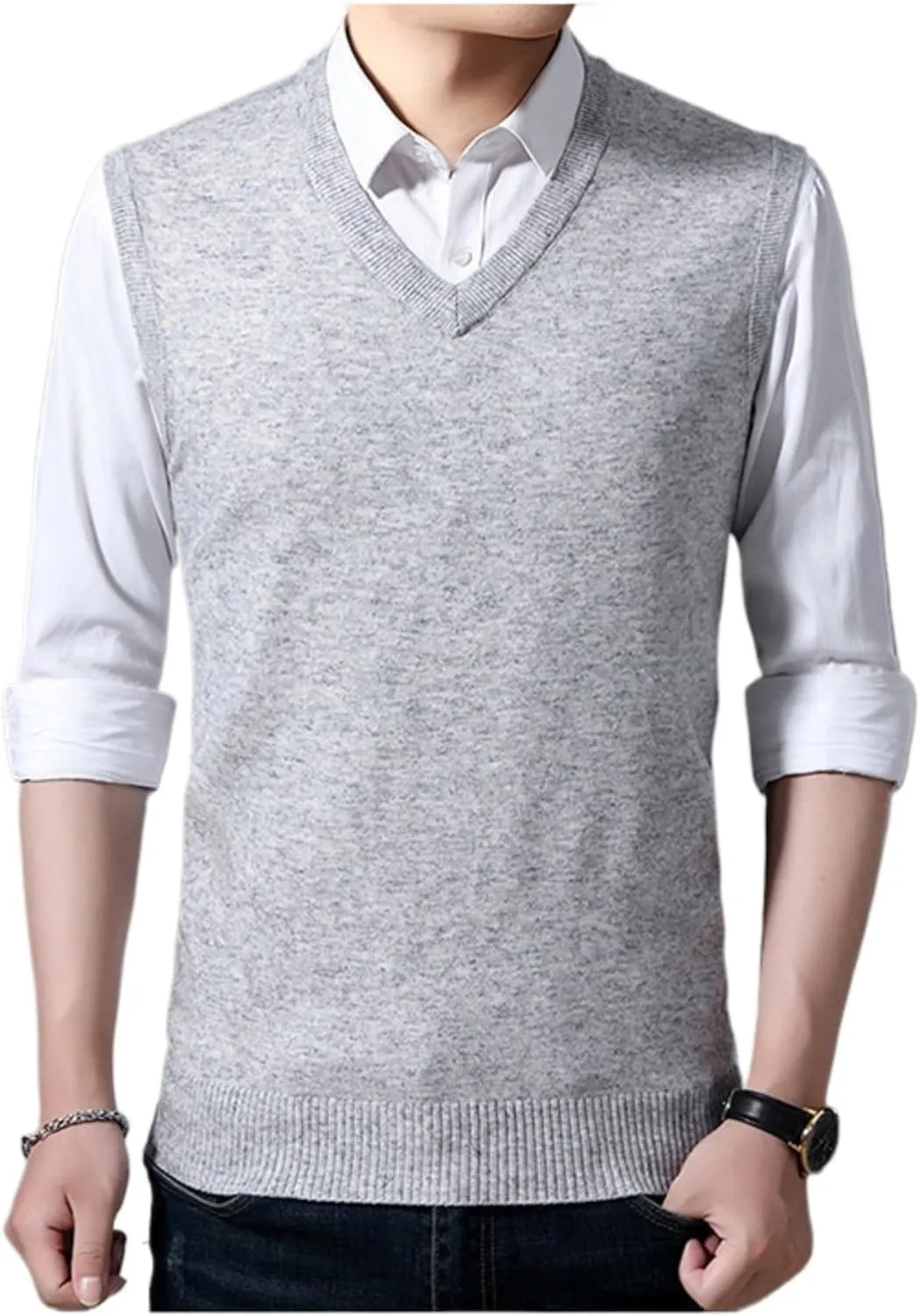 Maiyifu-GJ Men's V-Neck Solid Color Stretchy Sweater Warm Pullover Casual Vests Slim Sleeveless Business Knitwear