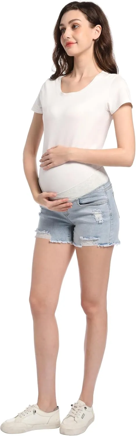 Maternity Jean Shorts for Women V-Shape Low Waist Ripped Stretchy Comfy Soft Summer Denim Short Pants