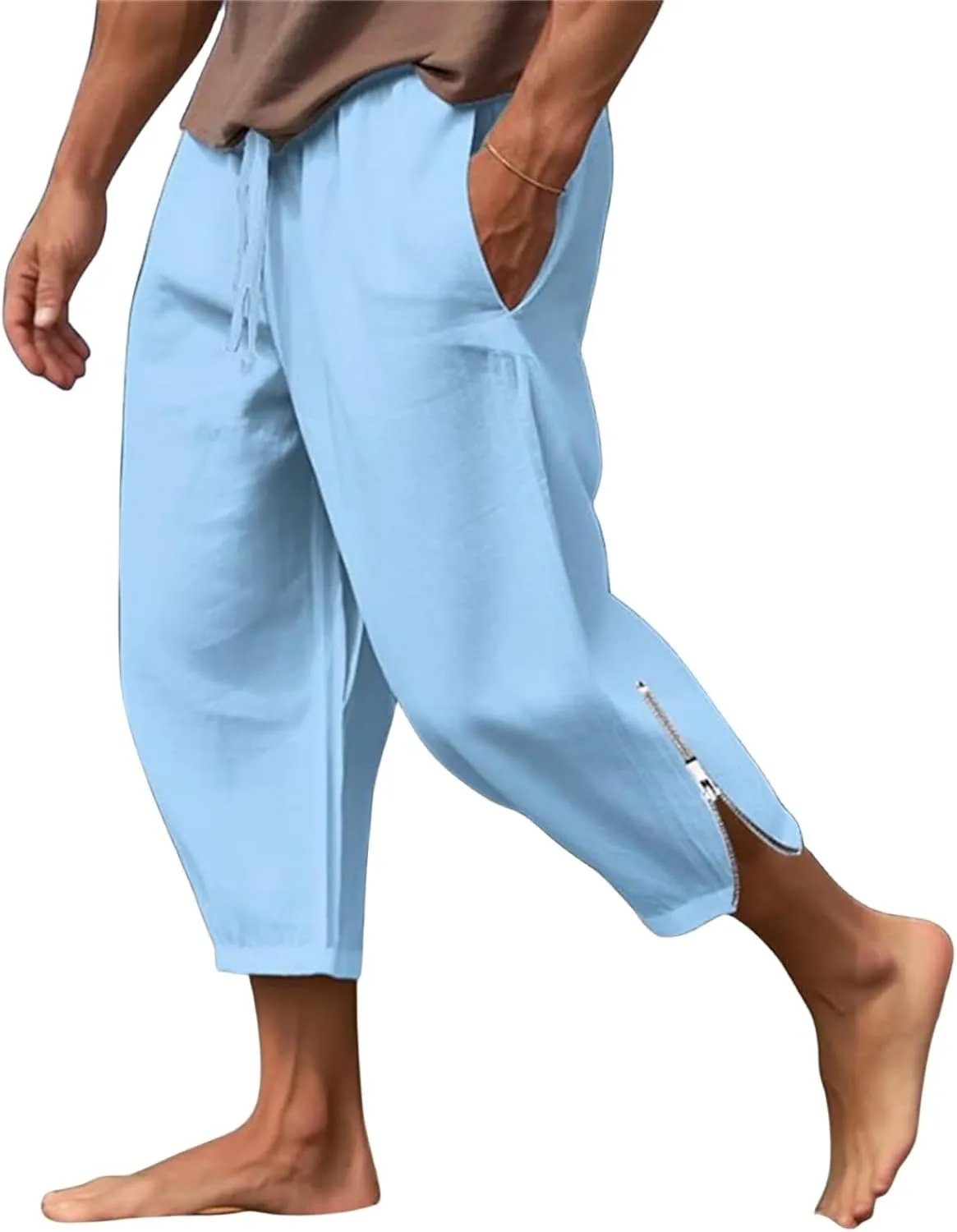 Men's Linen Pants Drawstring Elastic Waist Zipper Comfortable Breathable Casual Pants Summer Beach Pants