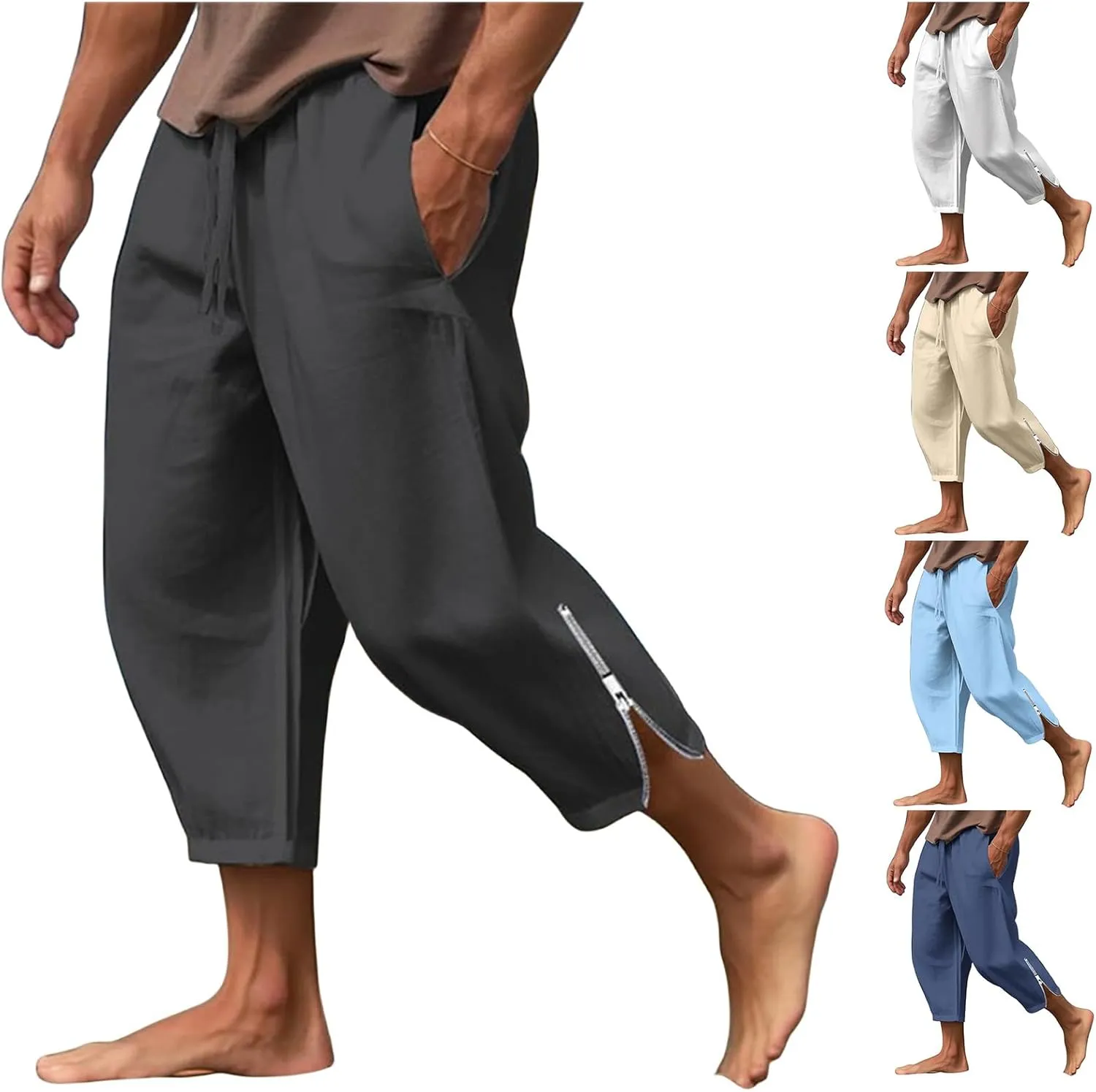 Men's Linen Pants Drawstring Elastic Waist Zipper Comfortable Breathable Casual Pants Summer Beach Pants