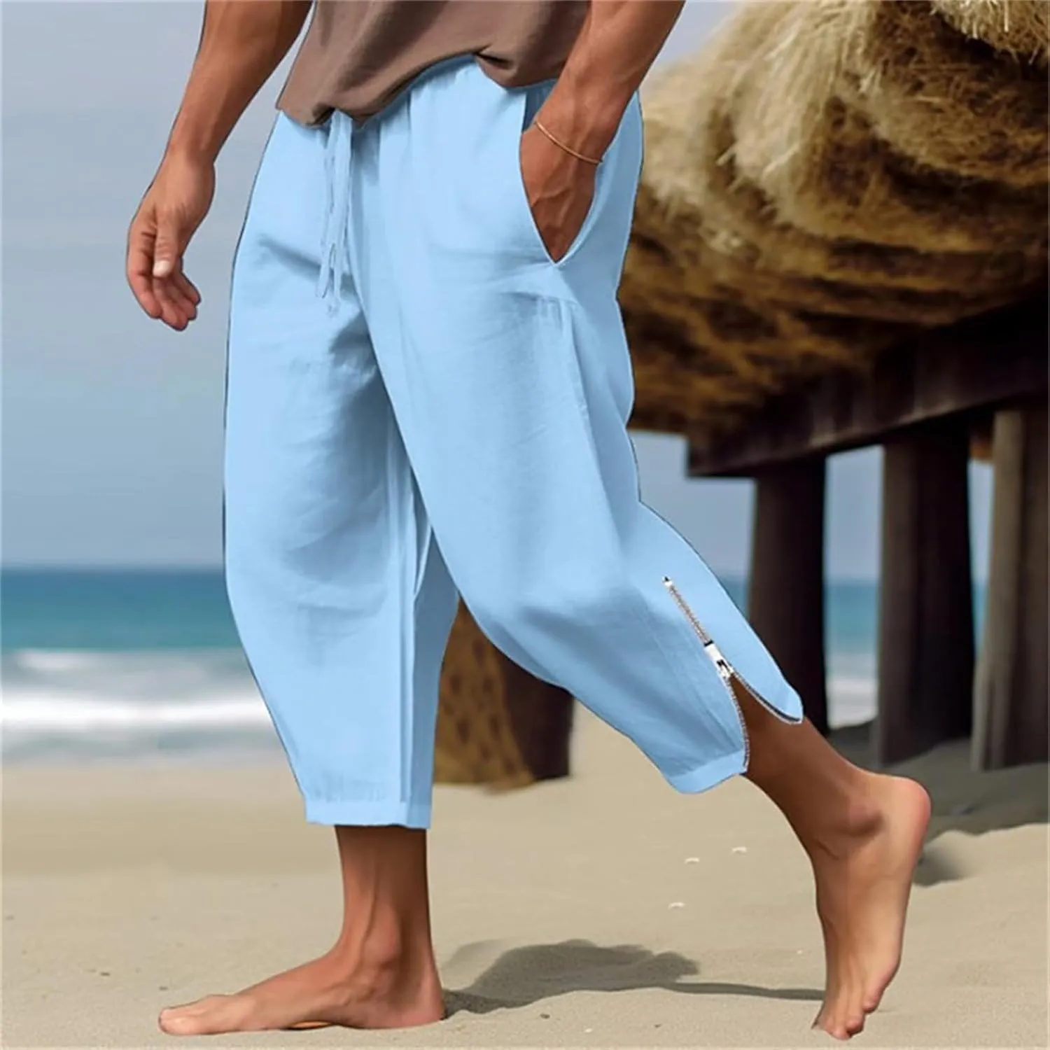 Men's Linen Pants Drawstring Elastic Waist Zipper Comfortable Breathable Casual Pants Summer Beach Pants