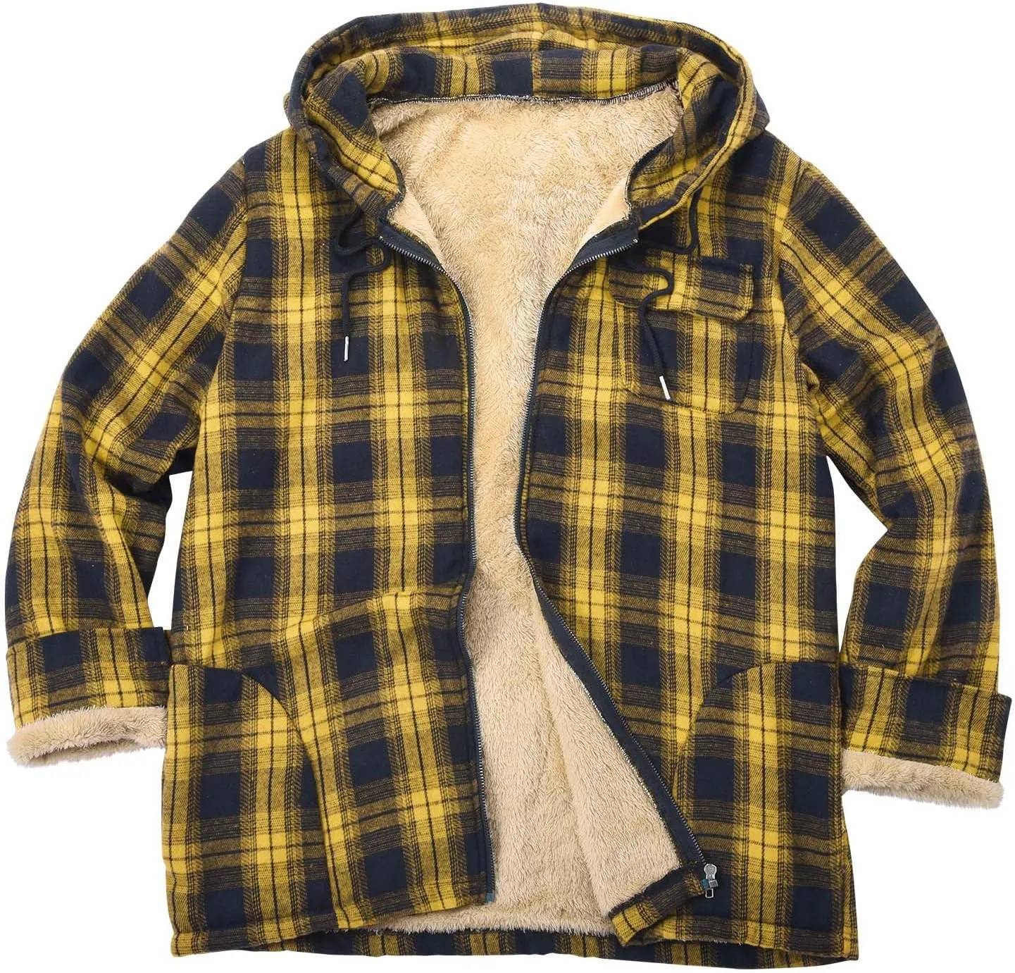 Men's Sherpa Lined Plaid Hoodies Full Zip Hooded Shirt Jacket Thick Fleece Flannel Jackets Soft Warm Coat with Hood