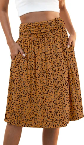 Naggoo Womens Summer Elastic High Waisted Midi Skirts Flowy Aline Knee Length Skirt with Pockets S-XXXL