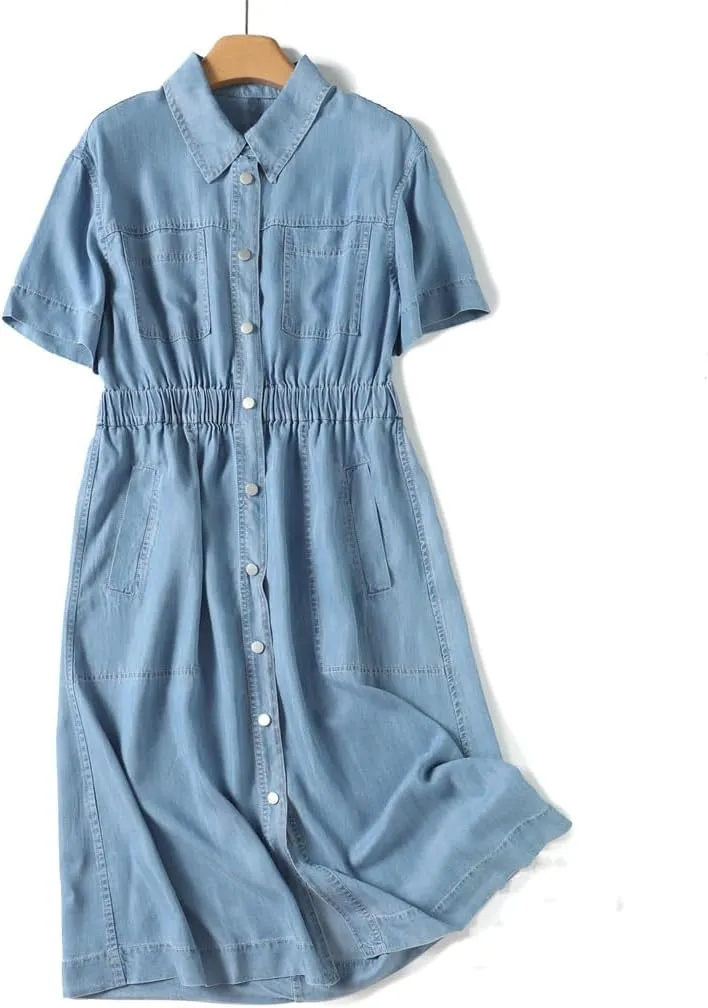 Niiyyjj Casual Denim Shirt Dress for Women Soft Stretch Button Down Collar Short Sleeve Jeans Tunic Dresses