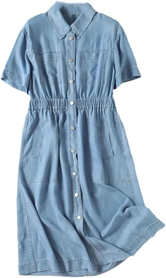 Niiyyjj Casual Denim Shirt Dress for Women Soft Stretch Button Down Collar Short Sleeve Jeans Tunic Dresses