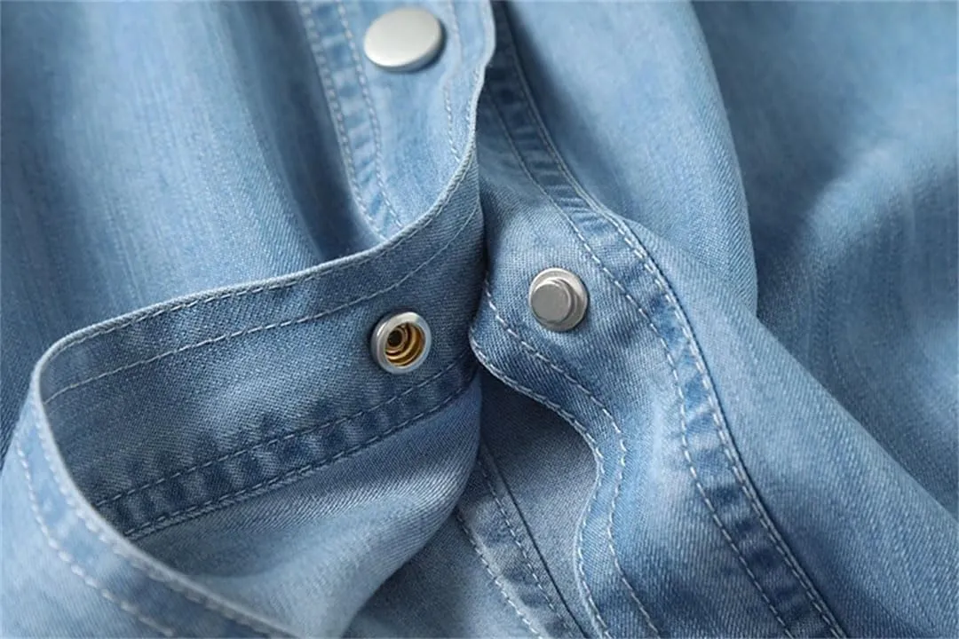 Niiyyjj Casual Denim Shirt Dress for Women Soft Stretch Button Down Collar Short Sleeve Jeans Tunic Dresses