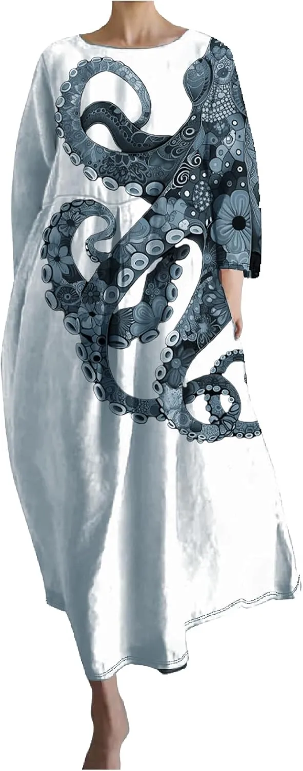 Octopus Summer Maxi Dress for Women Trendy Japanese Art Design Comfy Casual Crew Neck Sun Dresses