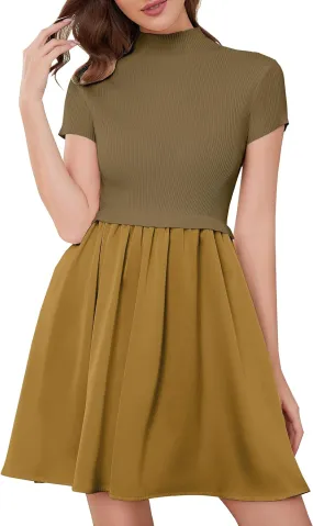 OLAPTA Women Mock Neck Patchwork Pleated Sweater Dress Short Sleeve Swing Knitted Solid Slim Fit Fashion Mini Dress Trendy