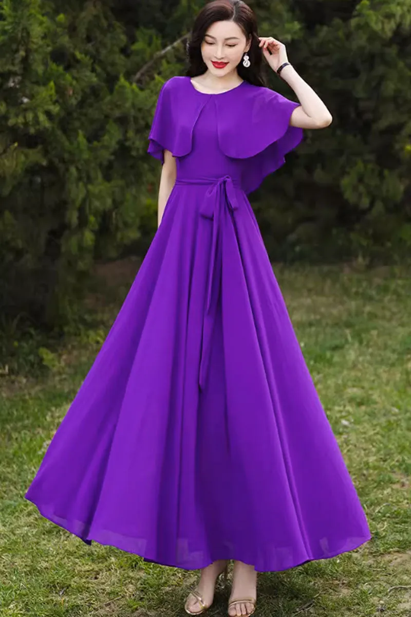 purple summer chiffon dress with cape 4447