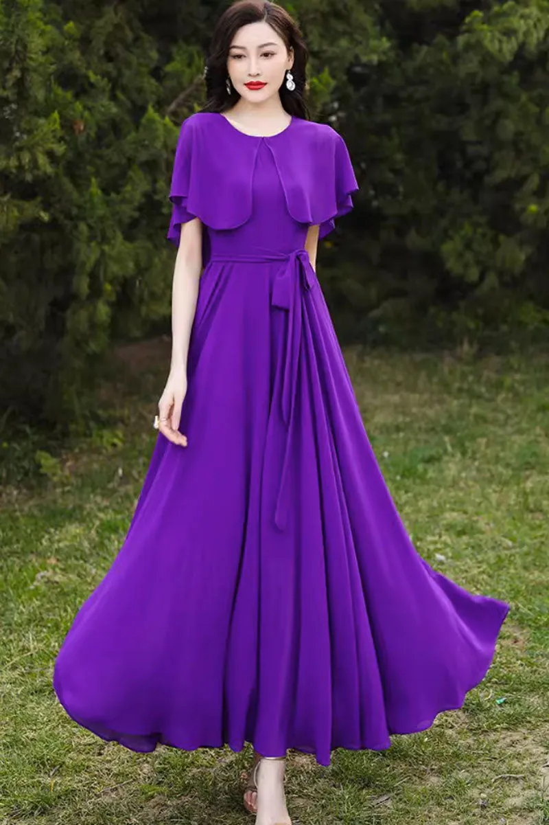 purple summer chiffon dress with cape 4447
