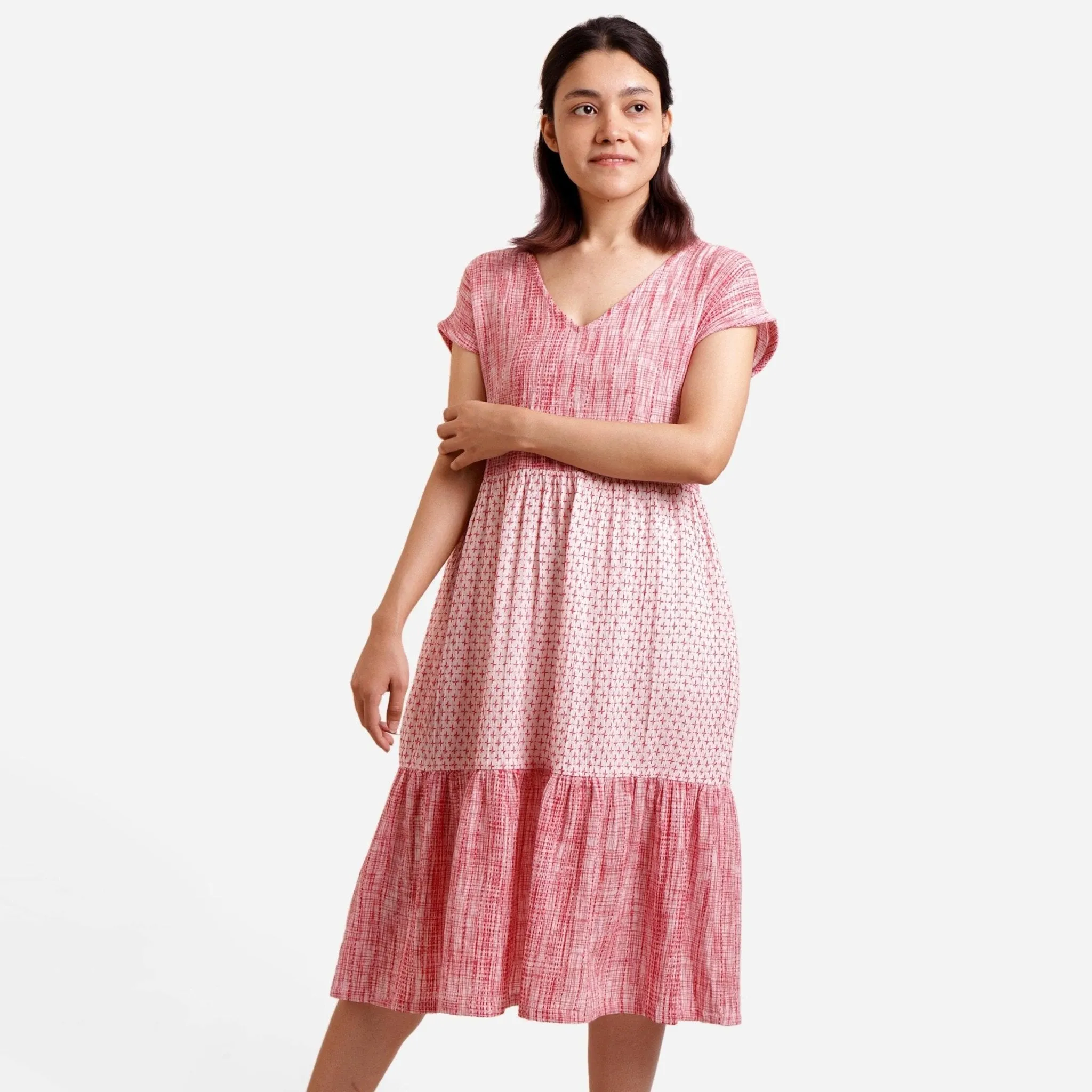 Red Crinkled Cotton Geometric V-Neck Midi Tier Dress