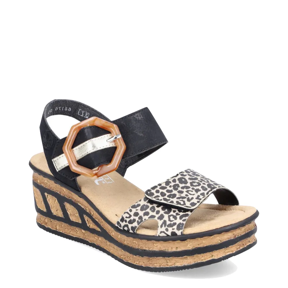 Rieker Women's Rose 76 Buckle Strap Wedge Sandal (Black Multi)