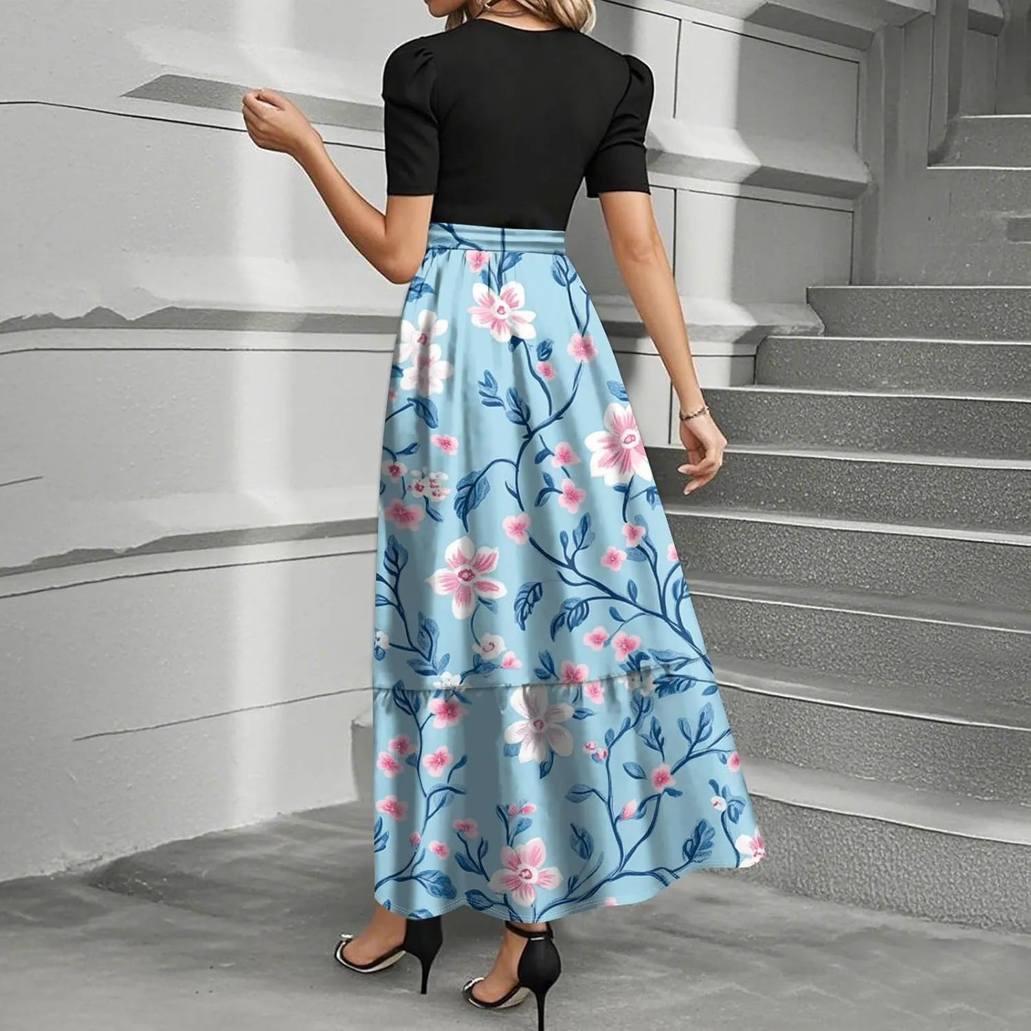 Spring Summer Dresses for Women 2025 Empire Waist Tie Belted Patchwork Floral Dress Long Flowy A Line Work Dresses