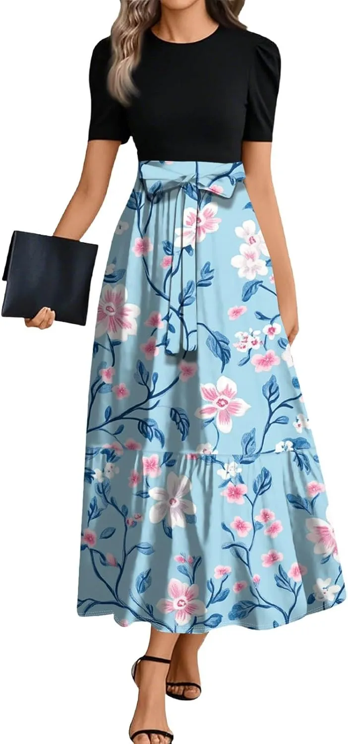 Spring Summer Dresses for Women 2025 Empire Waist Tie Belted Patchwork Floral Dress Long Flowy A Line Work Dresses