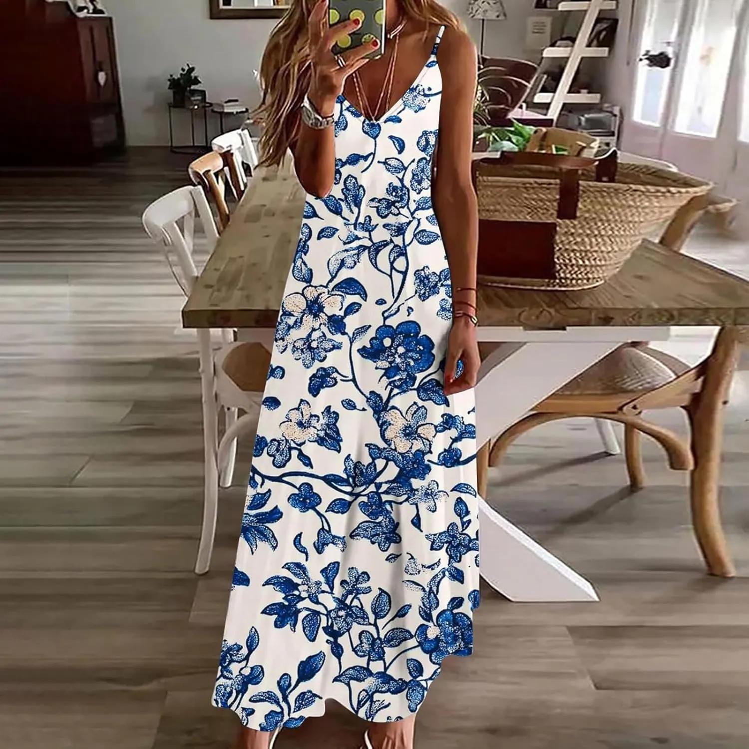 Summer Dresses for Women Boho Floral Graphic Print Sundresses Sleeveless Casual Trendy Flowy Maxi Dresses