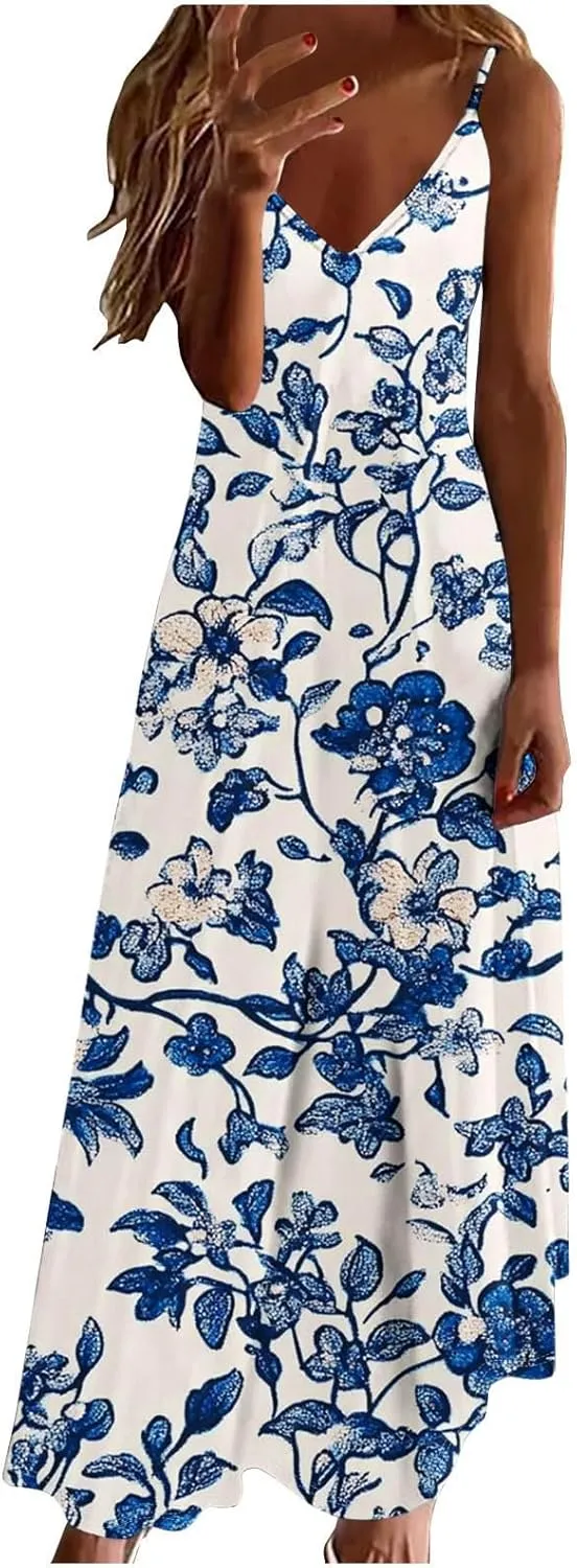 Summer Dresses for Women Boho Floral Graphic Print Sundresses Sleeveless Casual Trendy Flowy Maxi Dresses