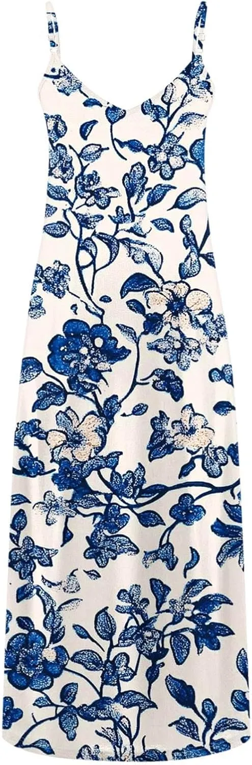 Summer Dresses for Women Boho Floral Graphic Print Sundresses Sleeveless Casual Trendy Flowy Maxi Dresses