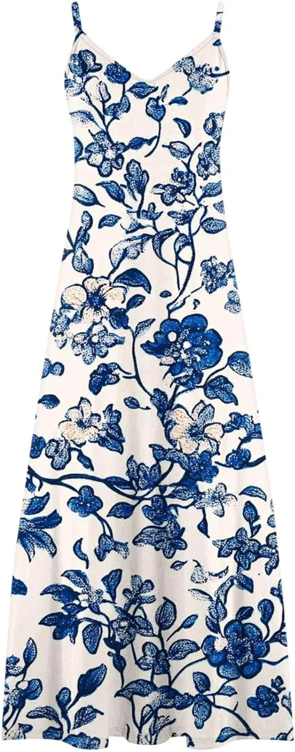 Summer Dresses for Women Boho Floral Graphic Print Sundresses Sleeveless Casual Trendy Flowy Maxi Dresses